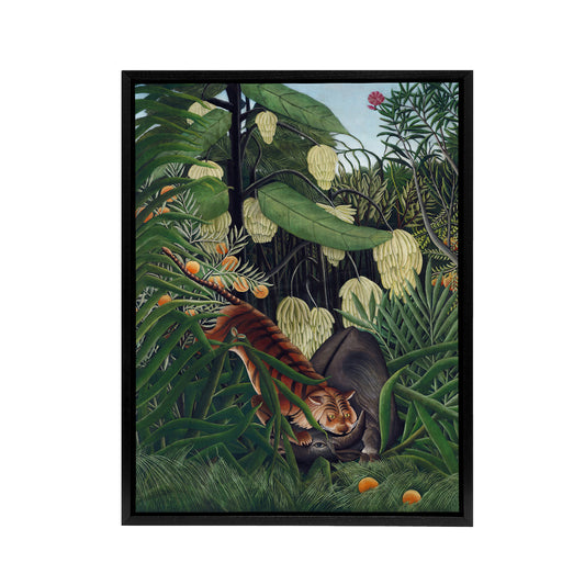 Fight between a Tiger and a Buffalo Rousseau Black Framed Canvas Wall Art