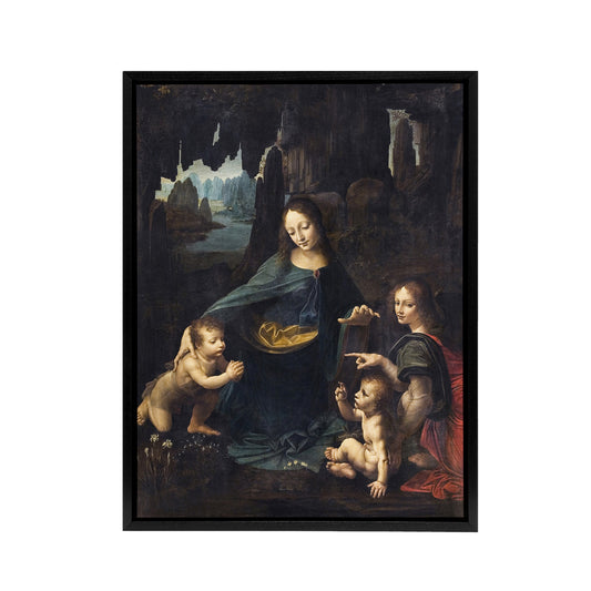 The Virgin of the Rocks da Vinci Vintage Black Framed Canvas Wall Art