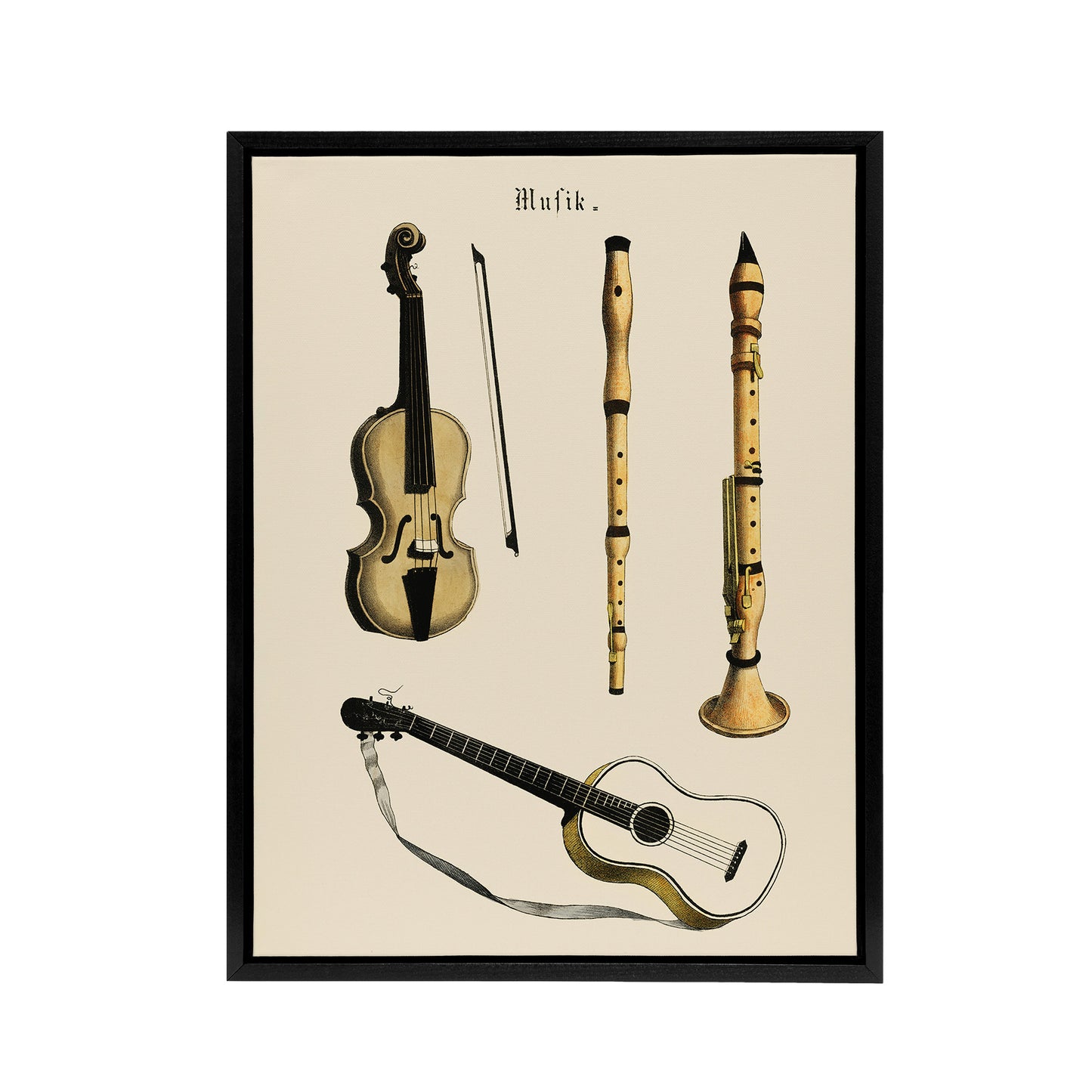 Violin Guitar and Flutes Musical Vintage Black Framed Canvas Wall Art