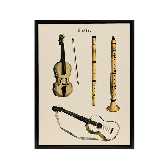 Violin Guitar and Flutes Musical Vintage Black Framed Canvas Wall Art