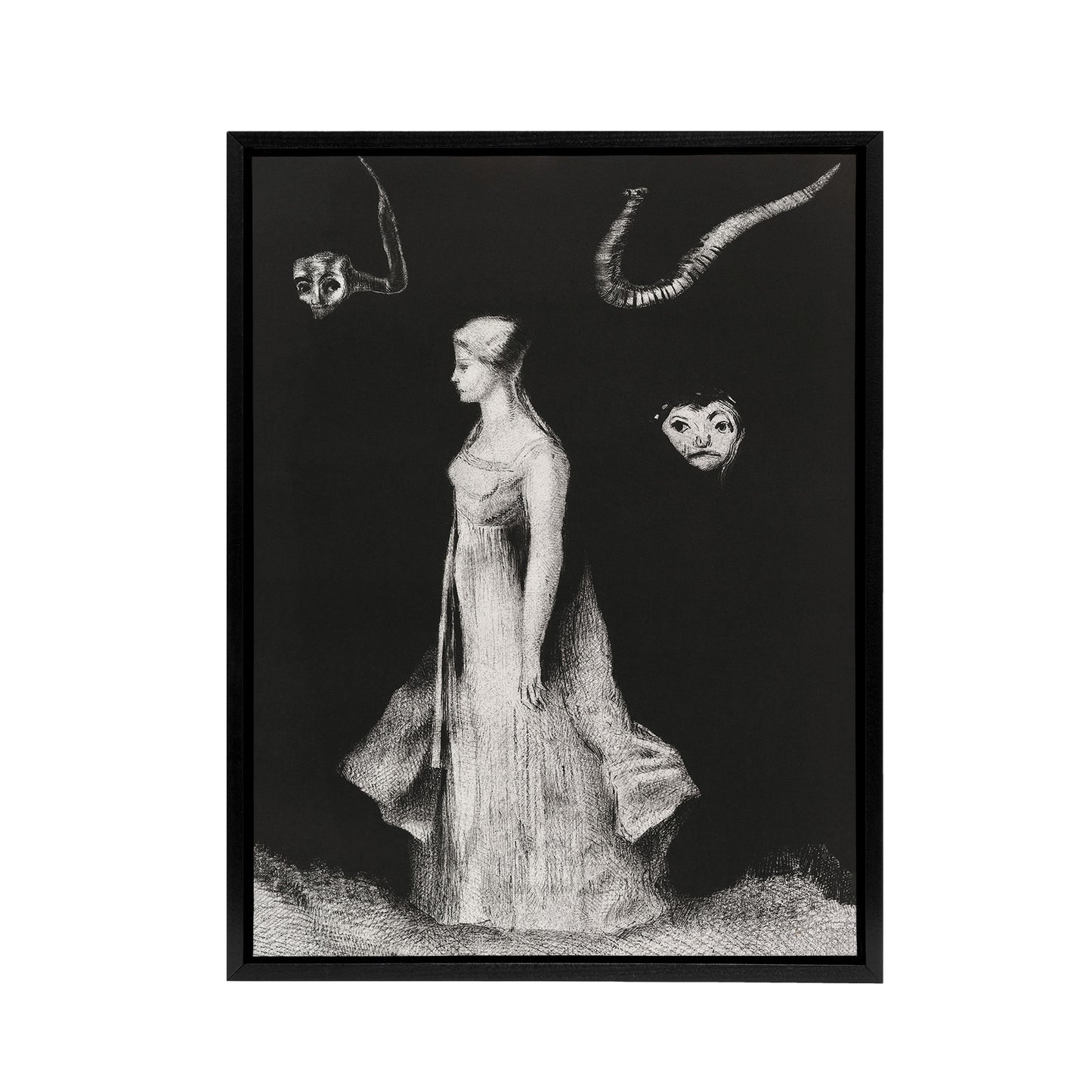 Haunting Ghostly Female Figure Redon Vintage Black Framed Canvas Wall Art