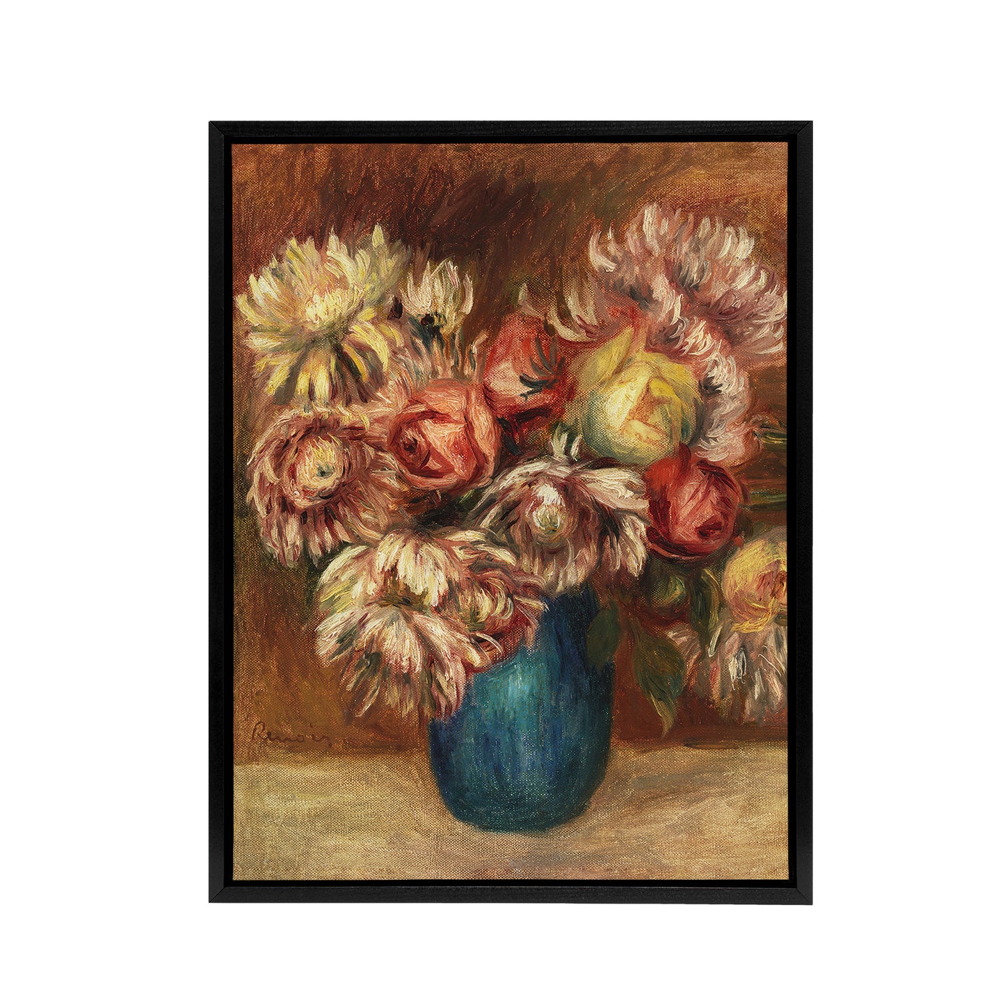 Flowers in a Green Vase Renoir Vintage Black Framed Canvas Wall Art