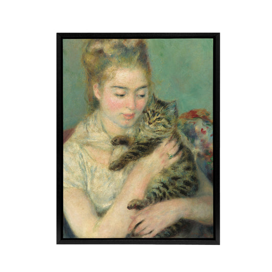 Woman with a Cat Renoir Vintage Black Framed Canvas Wall Art