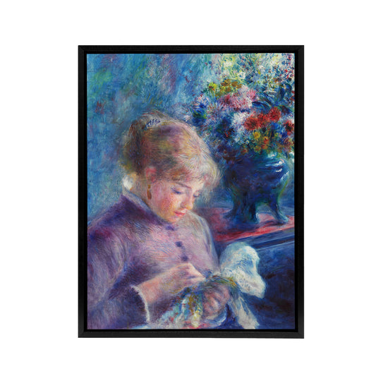 Young Woman Sewing Renoir Vintage Black Framed Canvas Wall Art