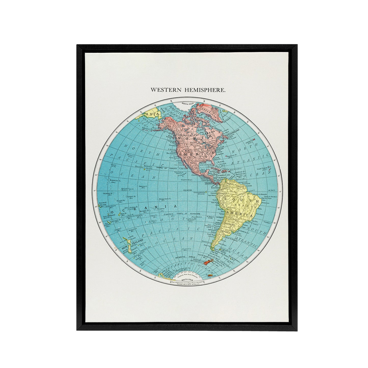 Western Hemisphere 1908 Map Rand McNally Vintage Framed Canvas Wall Art