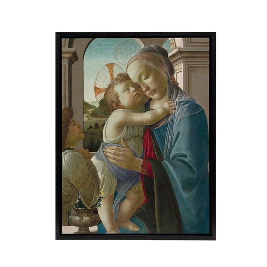 Virgin and Child an Angel Botticelli Vintage Black Framed Canvas Wall Art