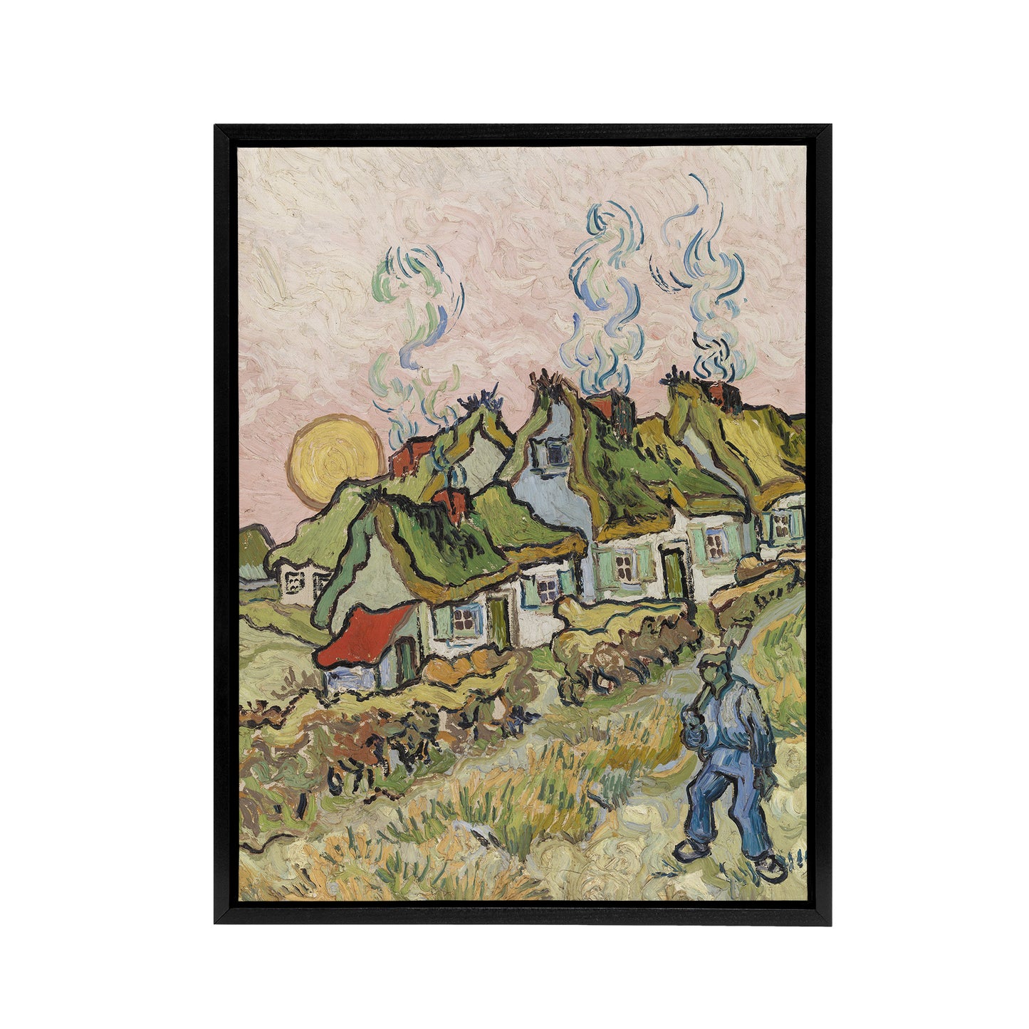 Houses and Figure Painting Van Gogh Vintage Black Framed Canvas Wall Art