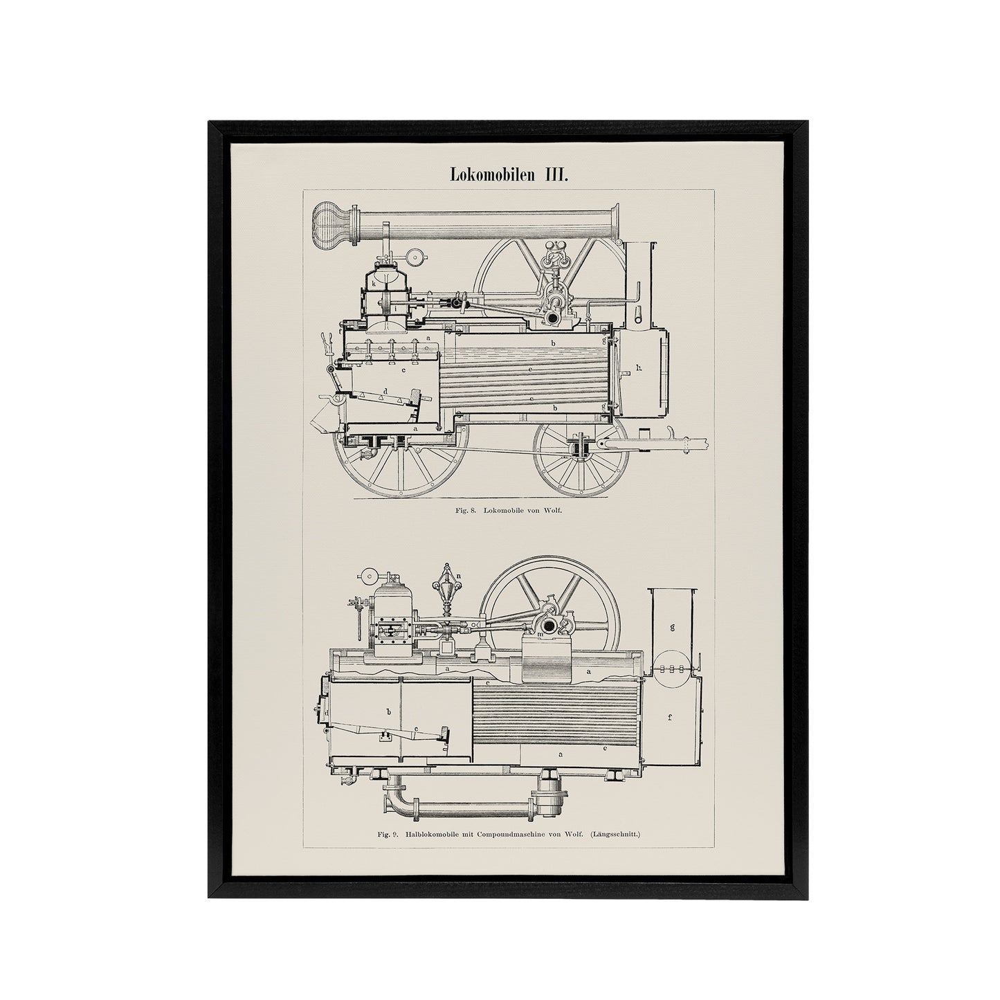 Locomotive Train Engine Compartments Vintage Black Framed Canvas Wall Art