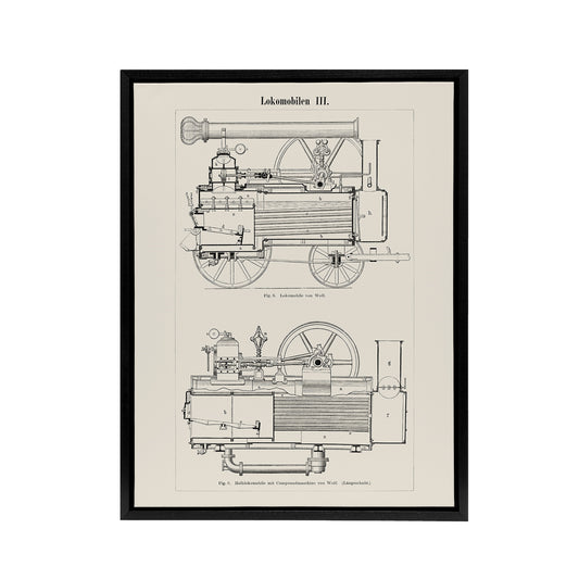 Locomotive Train Engine Compartments Vintage Black Framed Canvas Wall Art