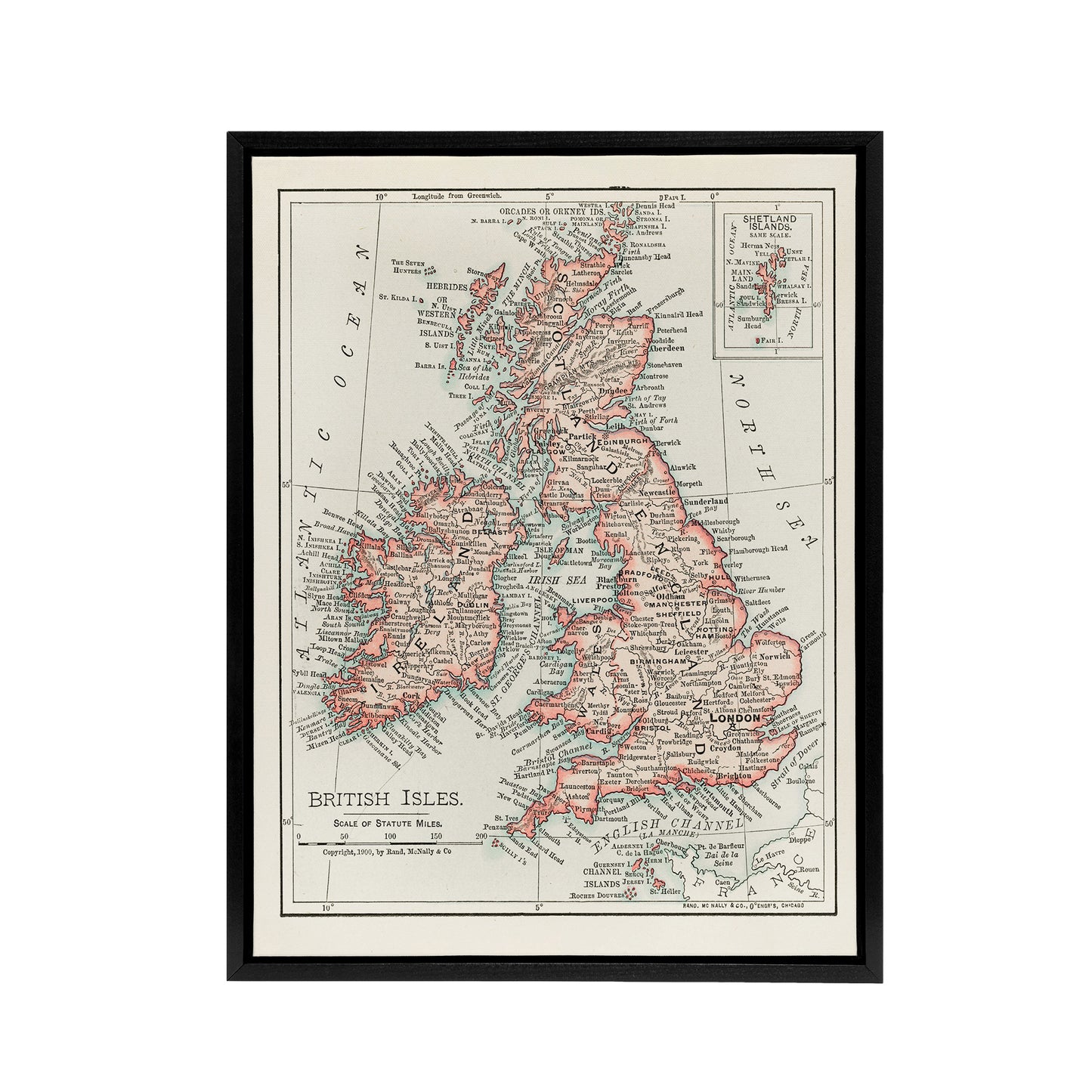 1900 British Isles Map Rand Mcnally Vintage Black Framed Canvas Wall Art