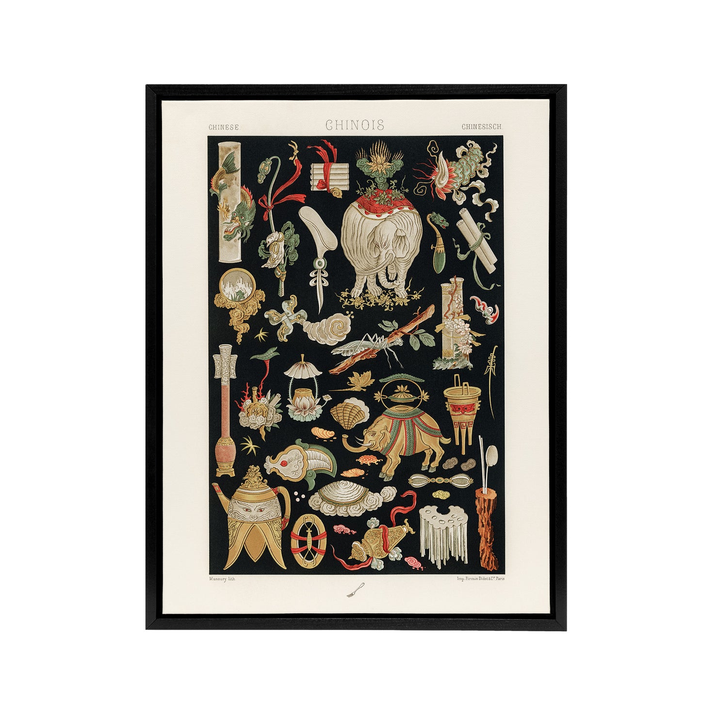 Chinese Ornamental Objects Racinet Vintage Black Framed Canvas Wall Art