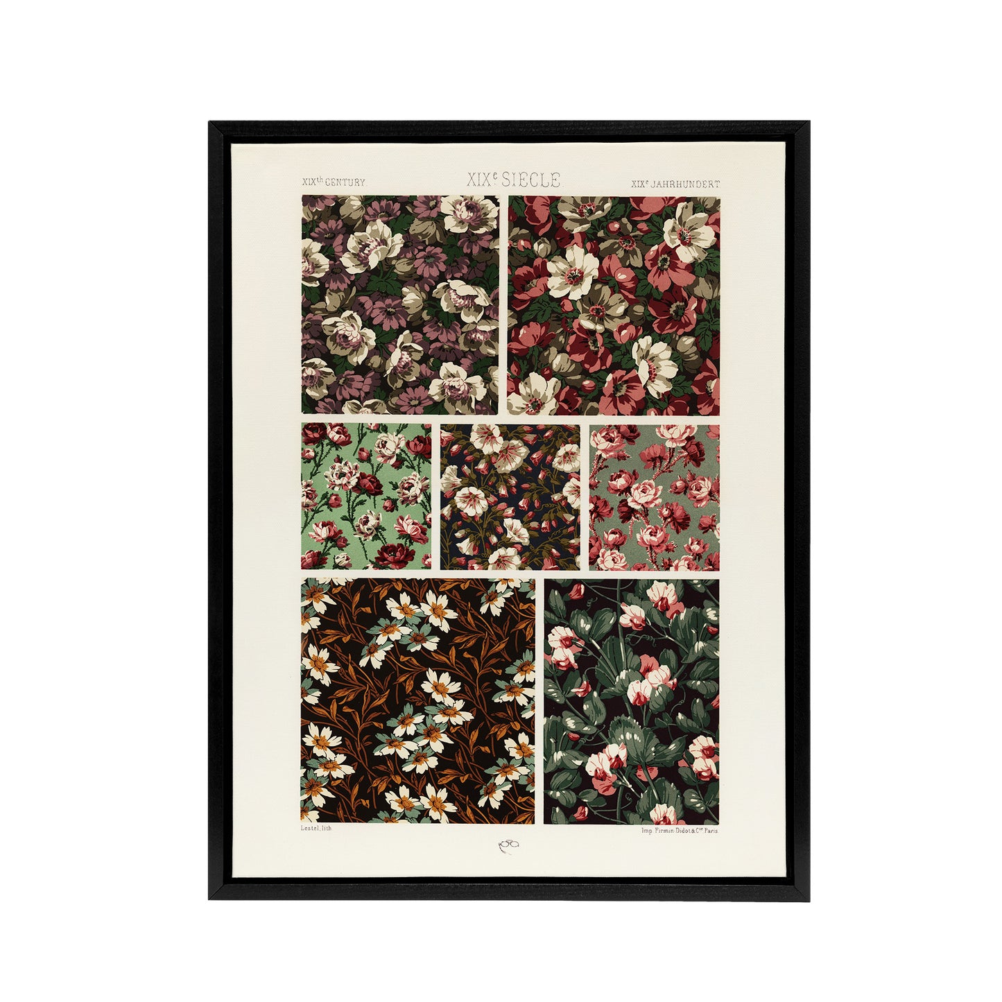 Pink Green Floral Patterns Racinet Vintage Black Framed Canvas Wall Art