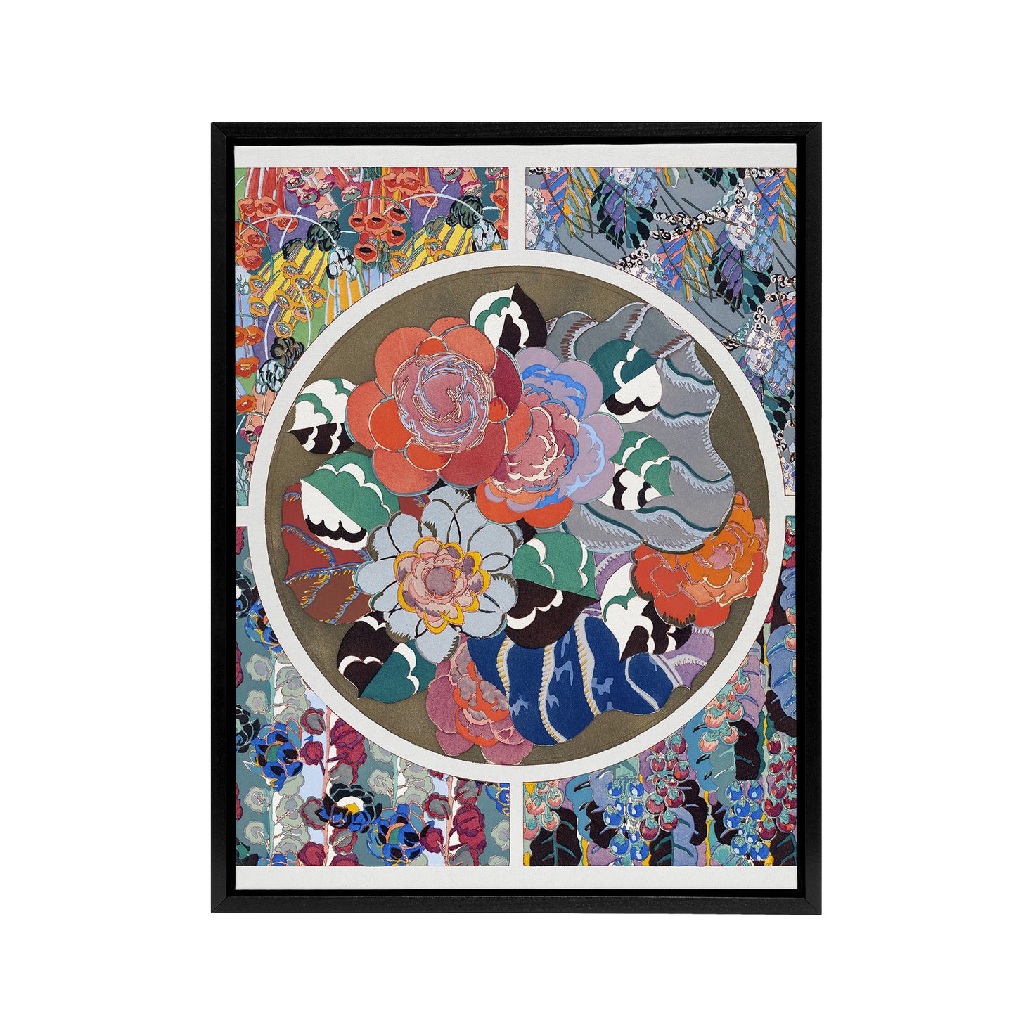 Floral Art Deco Pattern Benedictus Vintage Black Framed Canvas Wall Art