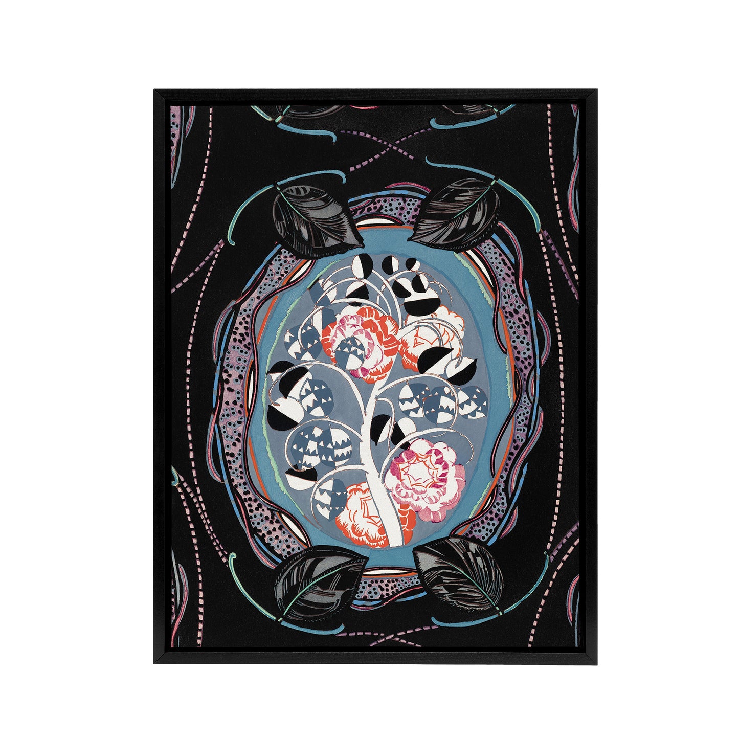 Floral Motif Benedictus Vintage Black Framed Canvas Wall Art