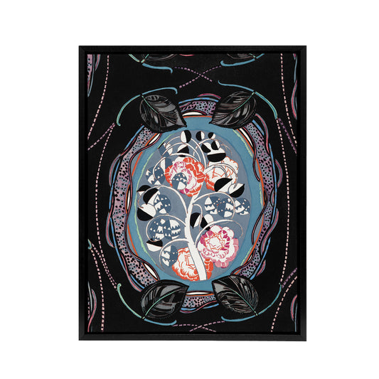 Floral Motif Benedictus Vintage Black Framed Canvas Wall Art