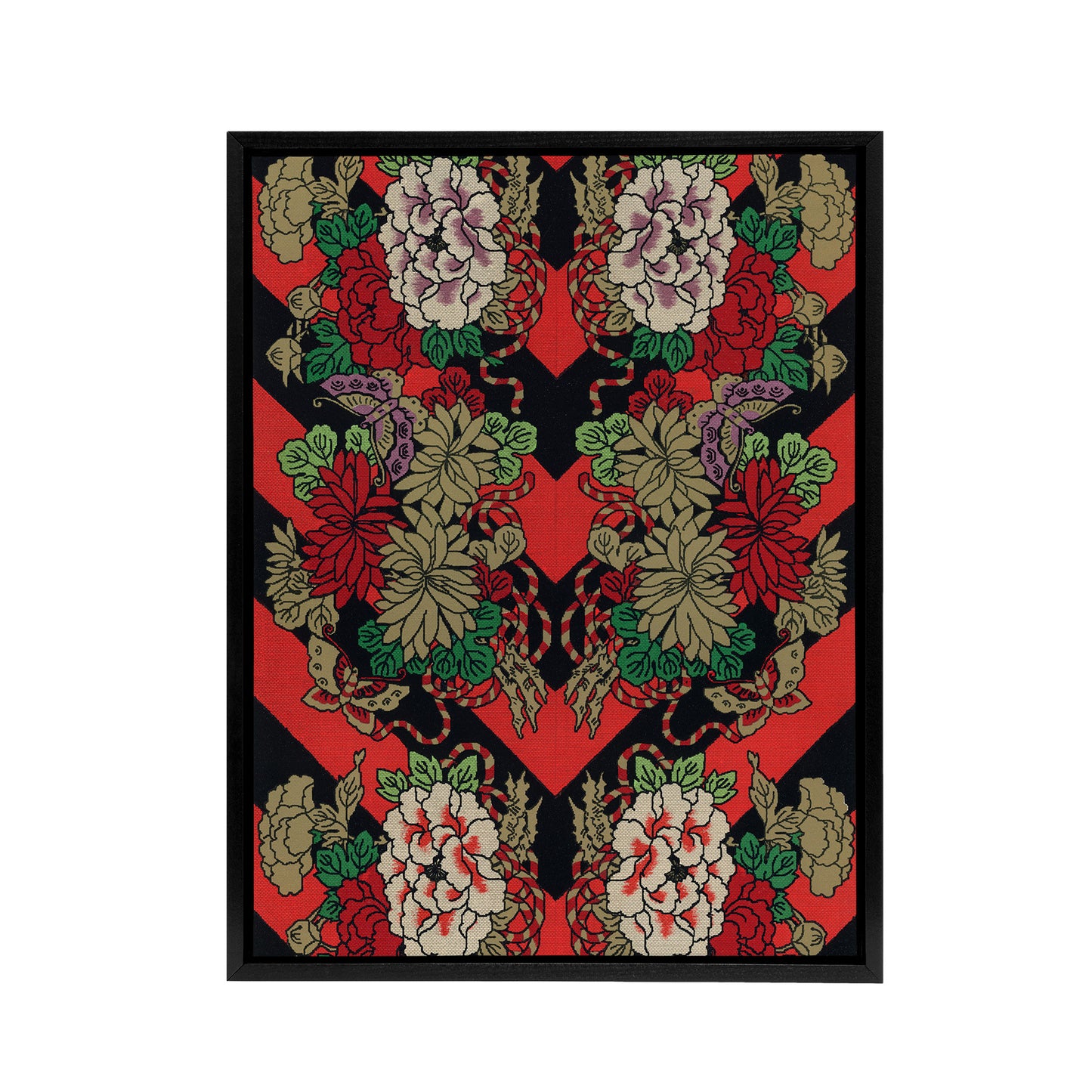 Japanese Red Fan Floral Pattern Audsley Vintage Framed Canvas Wall Art