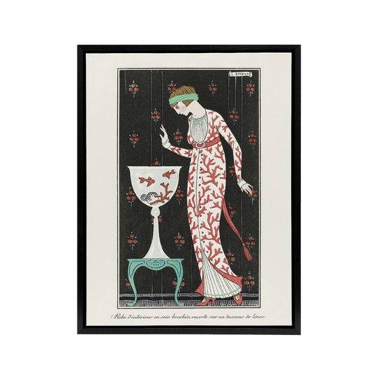 Coral Evening Dress Fashion Advert Barbier Black Framed Canvas Wall Art