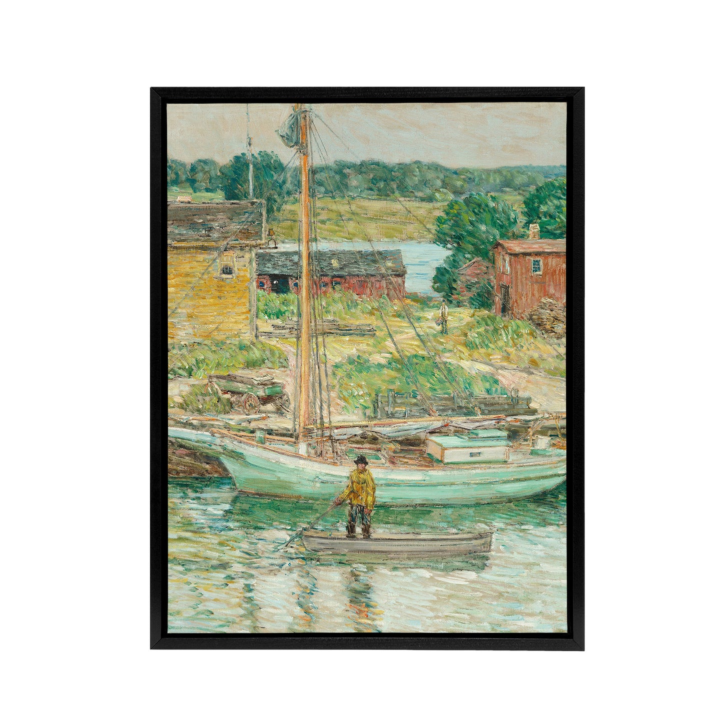 Oyster Sloop Sailboat in Cos Cob Harbour Hassam Framed Canvas Wall Art Print