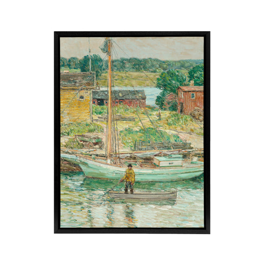 Oyster Sloop Sailboat in Cos Cob Harbour Hassam Framed Canvas Wall Art Print