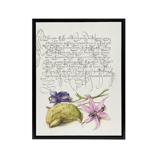 Violet Blooms and Gourd Calligraphy Framed Canvas Wall Art Print