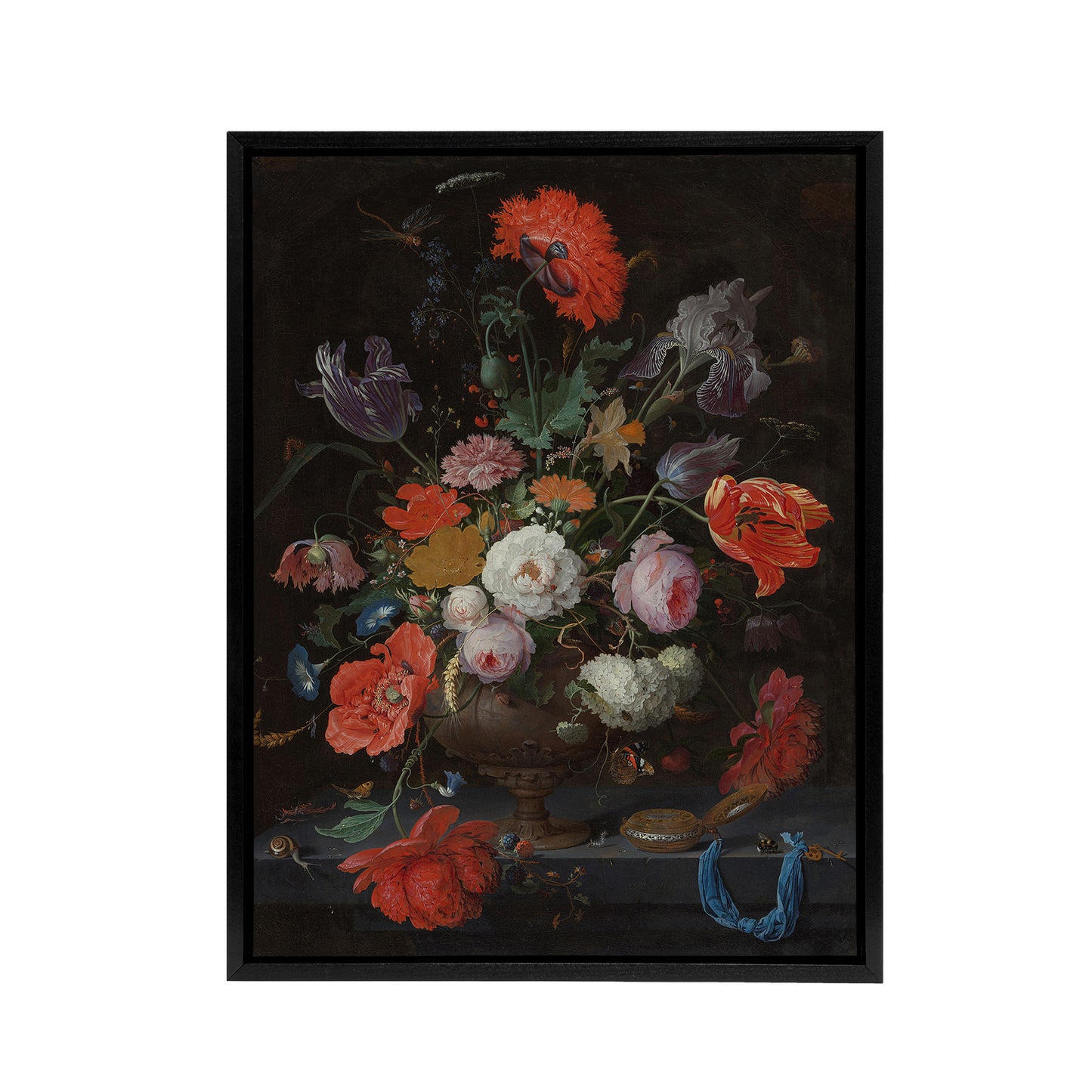 Still Life with Flowers and a Watch Mignon Black Framed Canvas Wall Art