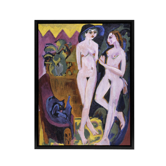 Cat and Two Nudes in a Room Kirchner Black Framed Canvas Wall Art Print