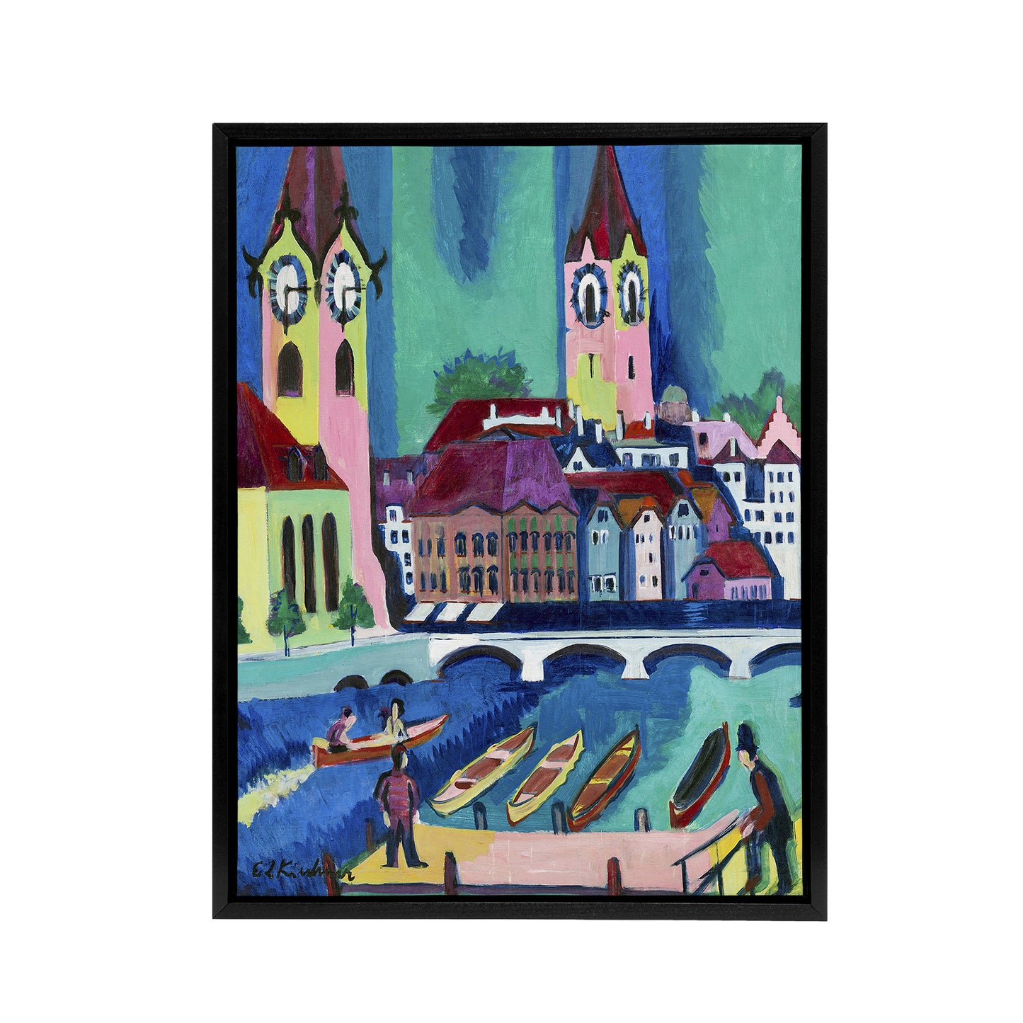 Zurich Colourful Cityscape Kirchner Black Framed Canvas Wall Art Print