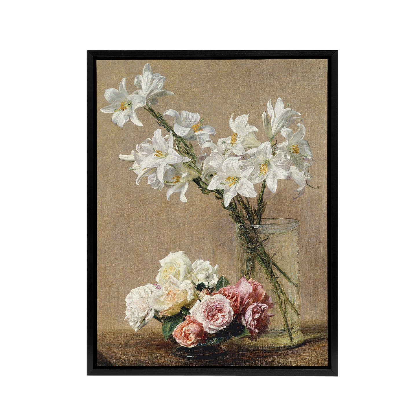 Still Life Roses and Lilies Latour Black Framed Canvas Wall Art Print