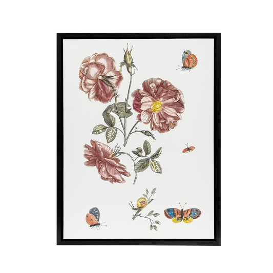 Rose Flowers Butterflies and a Snail Teyler Black Framed Canvas Wall Art