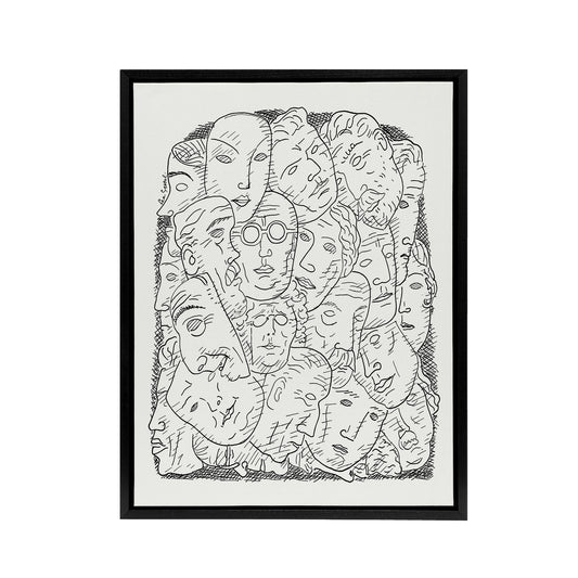 Maskers Masks Black And White Drawing Gestel Black Framed Canvas Wall Art