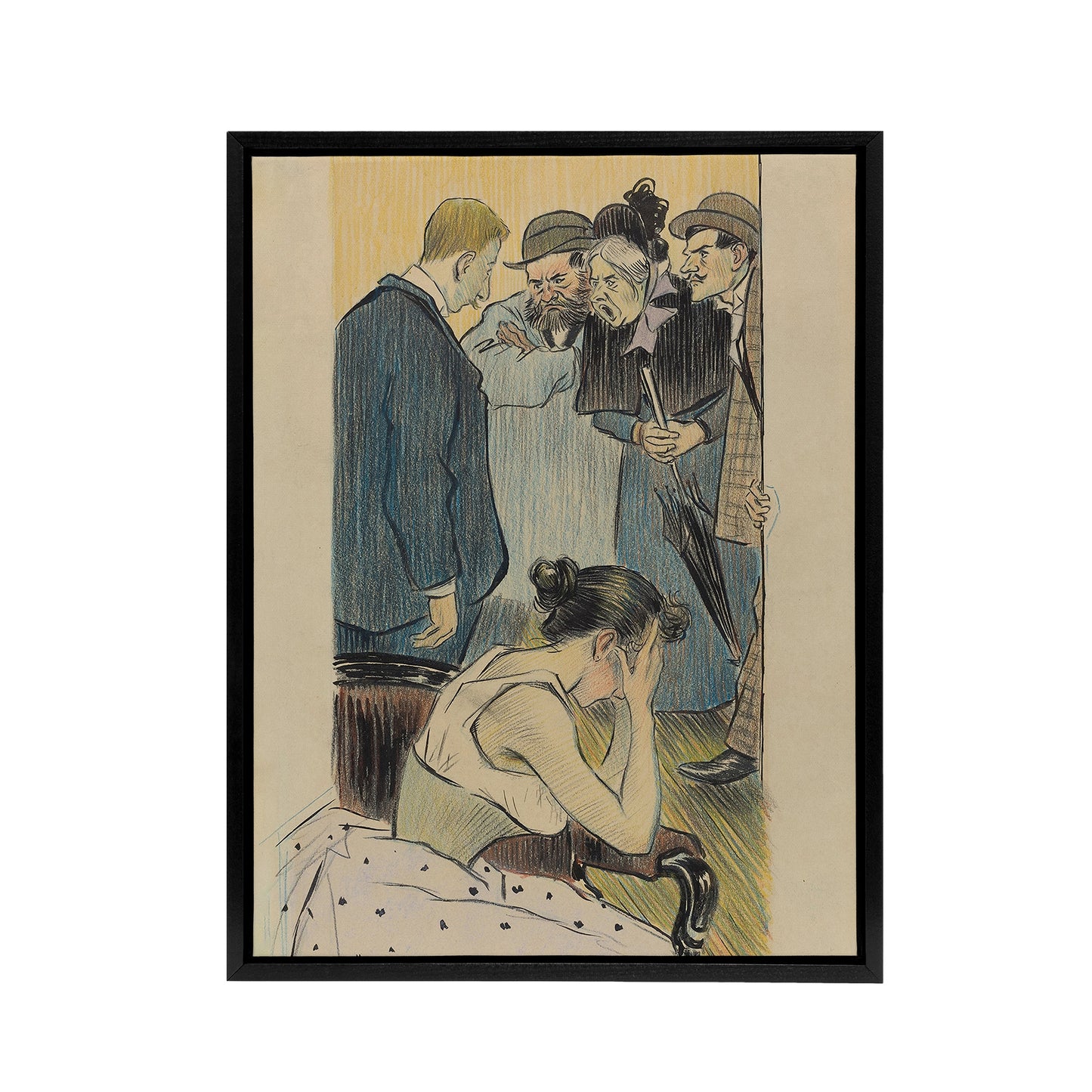 Family Argument Satirical Painting Steinlen Black Framed Canvas Wall Art