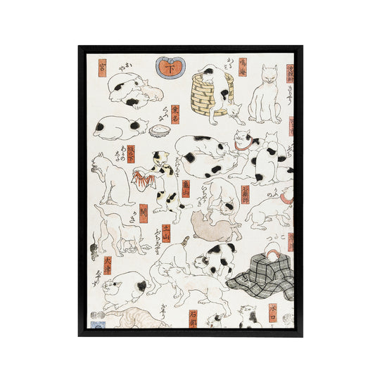 Cats Vintage Japanese Ukiyo E Kuniyoshi Black Framed Canvas Wall Art