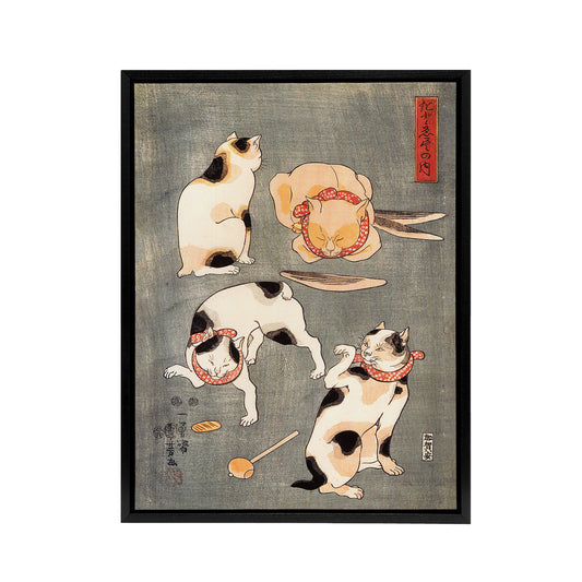 Four Cats in Different Poses Kuniyoshi Black Framed Canvas Wall Art Print
