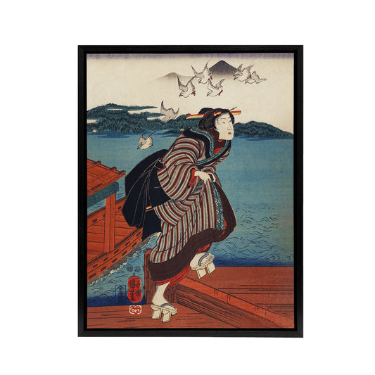 Young Woman at Sanbashi Pier Kuniyoshi Black Framed Canvas Wall Art Print