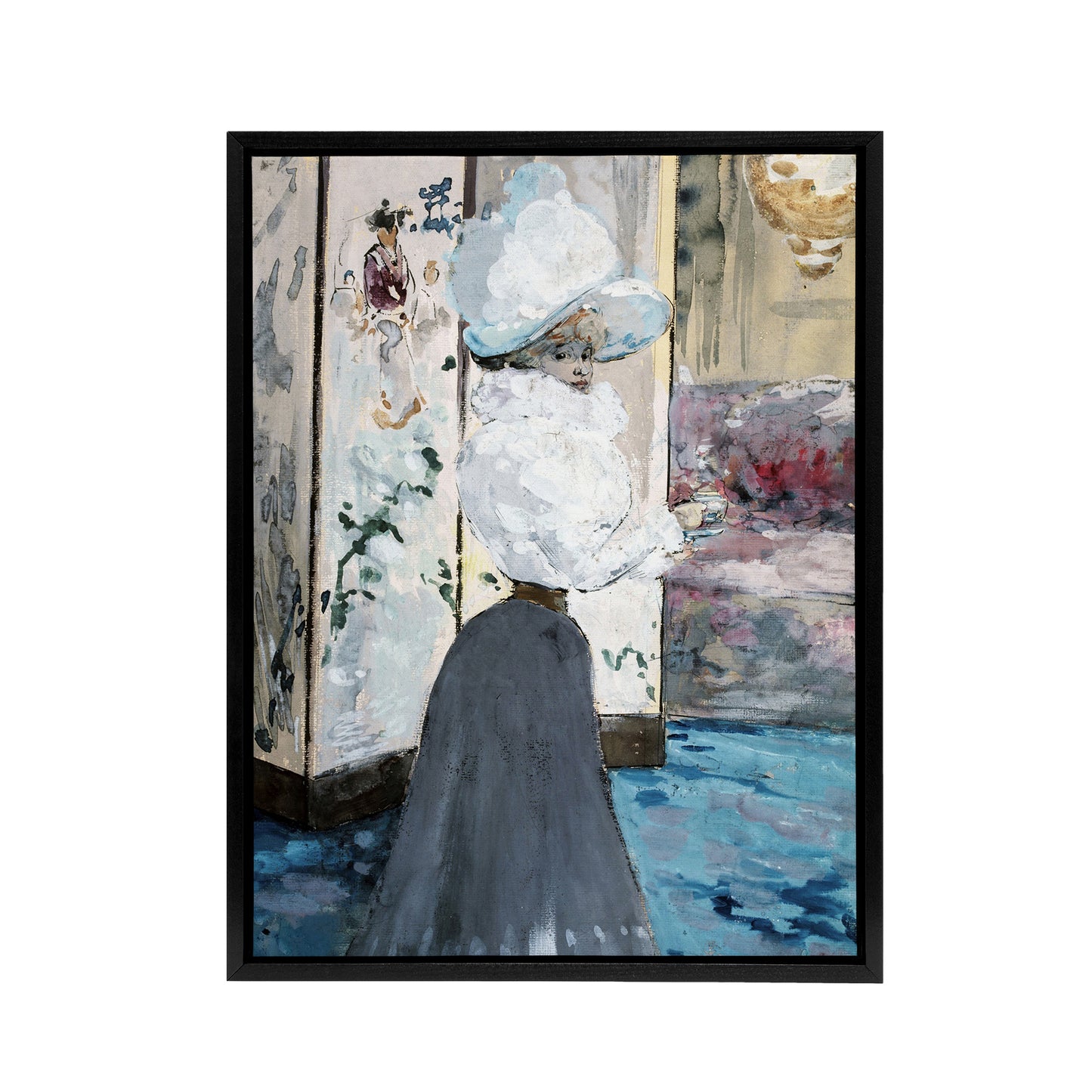 Henry Somm Woman and Japanese Folding Screen Black Framed Canvas Wall Art Print