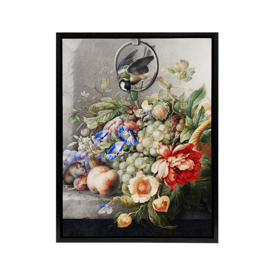 Henstenburgh Flowers Fruit Great Tit and a Mouse Black Framed Canvas Art Print