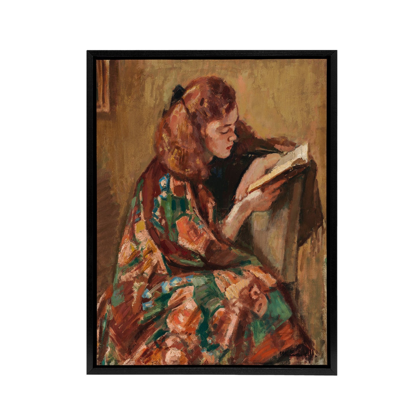 Magnus Enckell Portrait of a Girl Reading Black Framed Canvas Wall Art Print