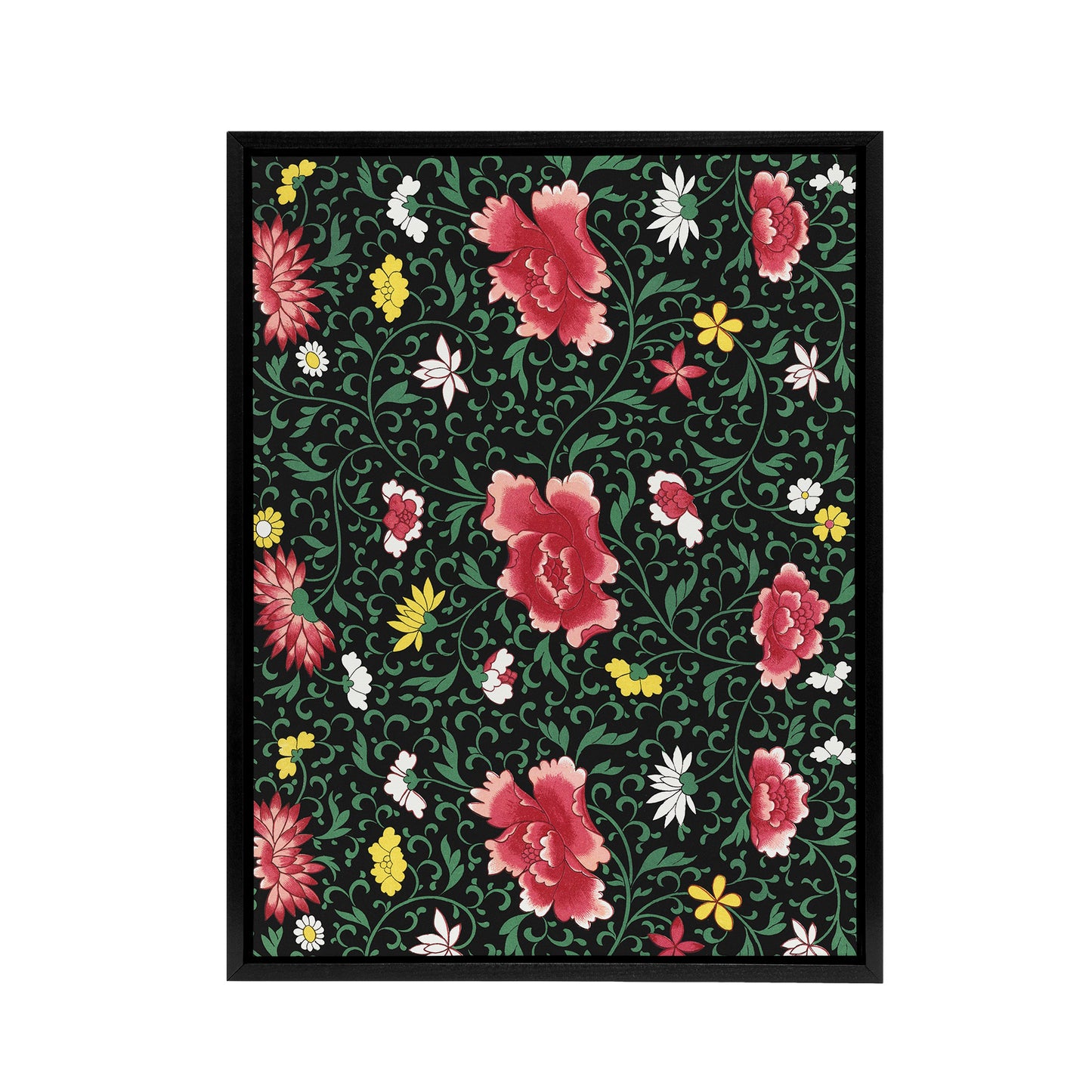 Owen Jones Elegant Chinese Flower Pattern Black Framed Canvas Wall Art Print