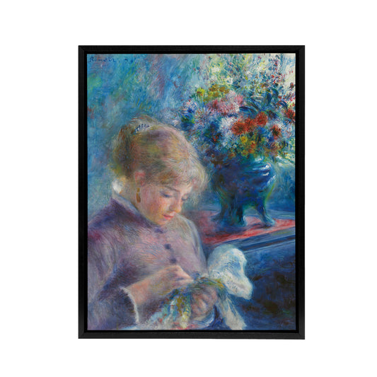 Renoir Young Woman Sewing Black Framed Canvas Wall Art Print