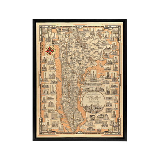 Chase 1939 Pictorial Map Manhattan And Bronx Black Framed Canvas Wall Art