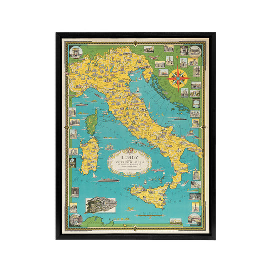Chase 1944 Pictorial Map Italy Vatican City Black Framed Canvas Art Print