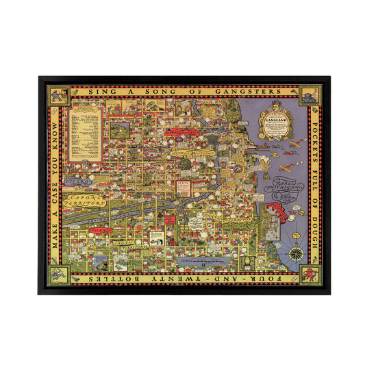 Erickson 1931 Map of Chicago Gangland Black Framed Canvas Wall Art Print