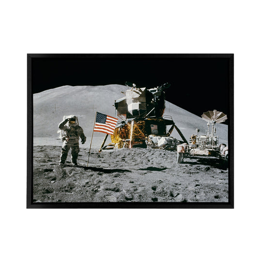 Nasa Space Apollo 15 Mission US Flag On Moon Black Framed Canvas Wall Art