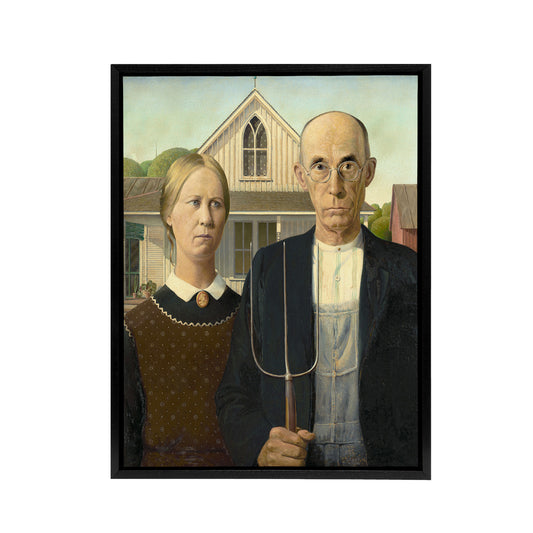 Grant Wood American Gothic Black Framed Canvas Wall Art Print