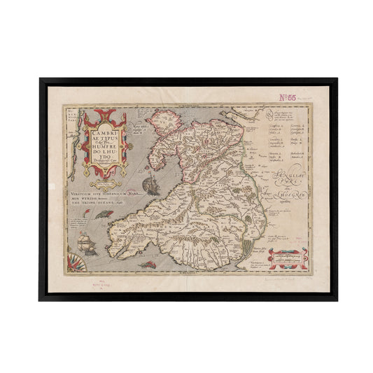 Hondius 1633 Wales Latin Early Map Black Framed Canvas Wall Art Print