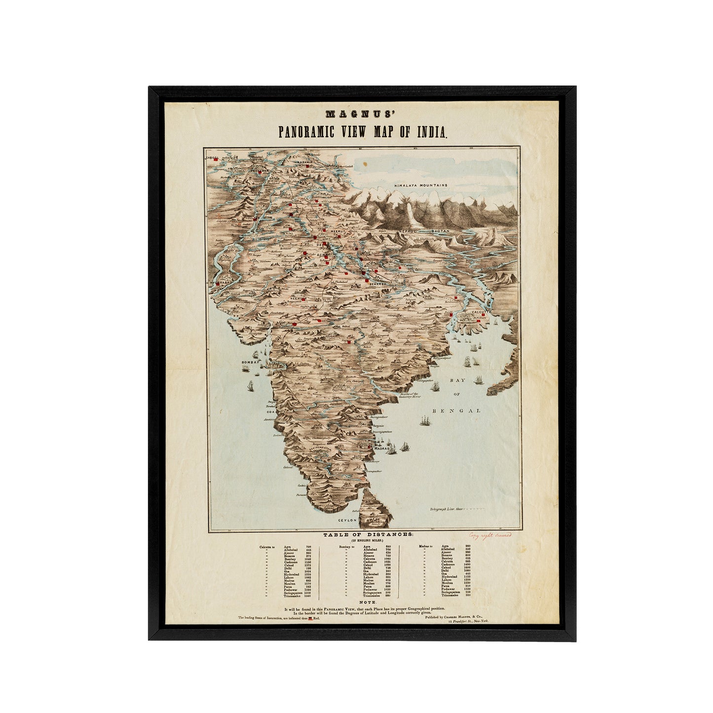 Magnus 1857 Vintage Panoramic Map Of India Black Framed Canvas Art Print
