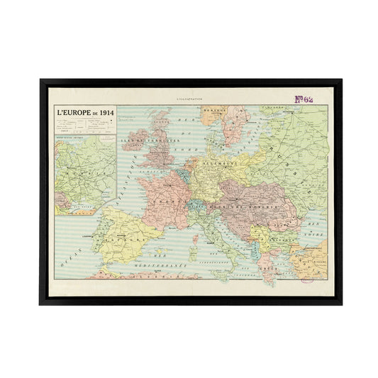 Peltier 1914 French Political Map of Europe Black Framed Canvas Art Print
