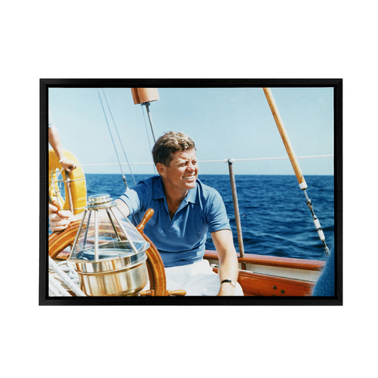 President John F Kennedy JFK At Yacht Wheel Black Framed Canvas Art Print
