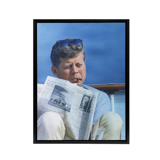 President John F Kennedy Cigar and Newspaper Black Framed Canvas Wall Art
