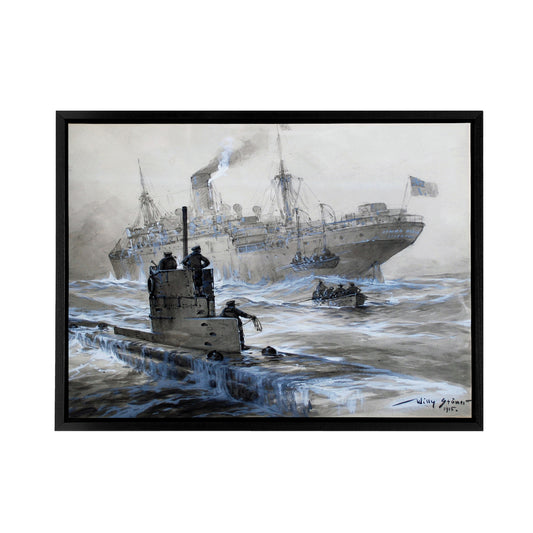 Stower WWI U boat Sinking of Linda Blanche Black Framed Canvas Art Print